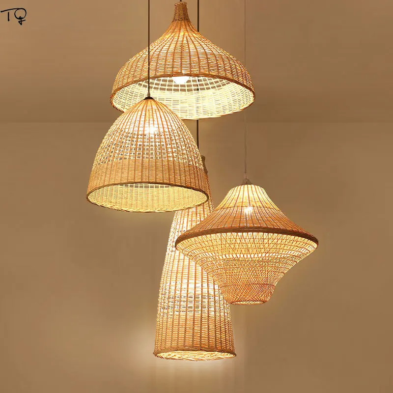

Chinese Vintage Bamboo Led Pendant Lights Pure Handwork Knitted Straw Hat Restaurant Dining Living Room Art Luminaire Suspendu