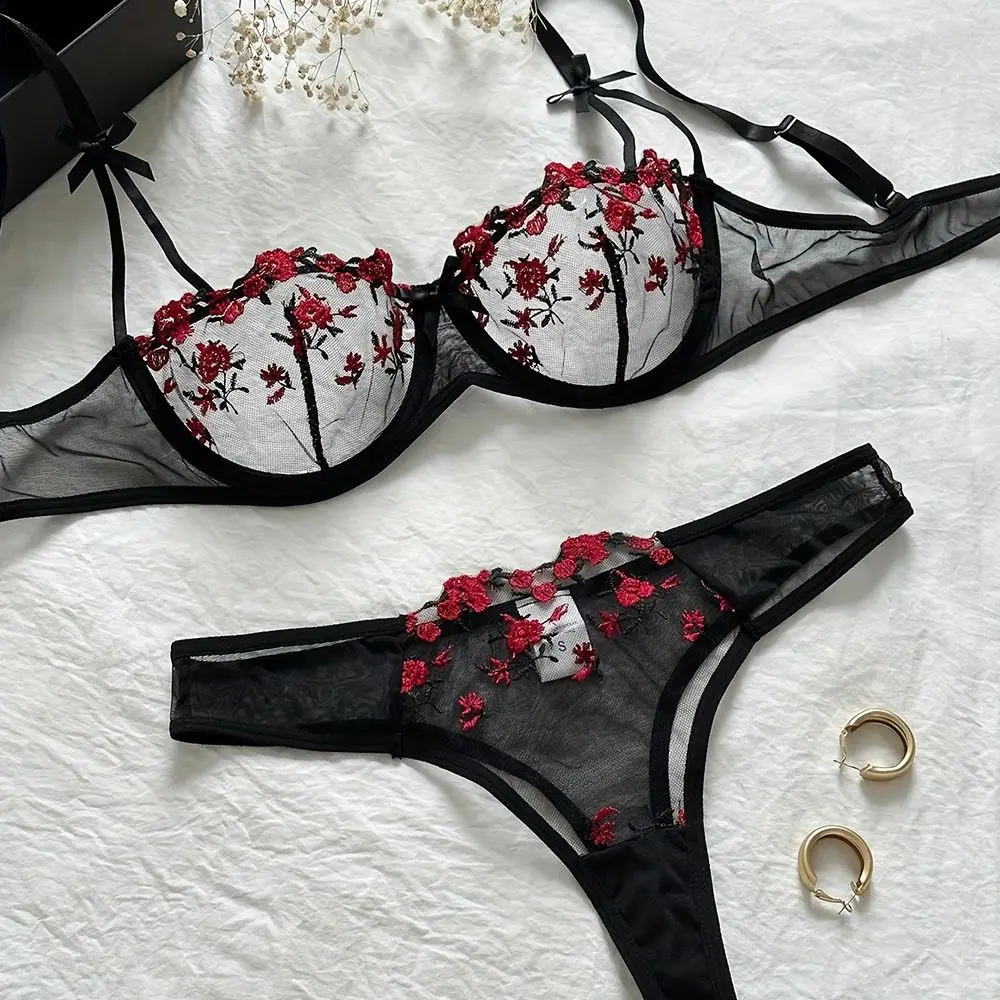 

Breathable Floral Embroidery Lingerie Set Sexy Transperant Sexy Women's Lingerie Romantic Ultra Thin Mesh Thong Girls