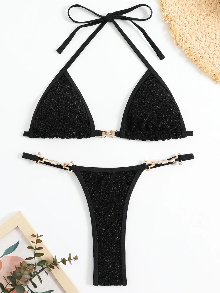 2023 New Women Sexy Hanging Neck Swimwear High Waist Bikini Set Metal Rhinestones Straps Three-point Bikini Plus Size Swimsuits