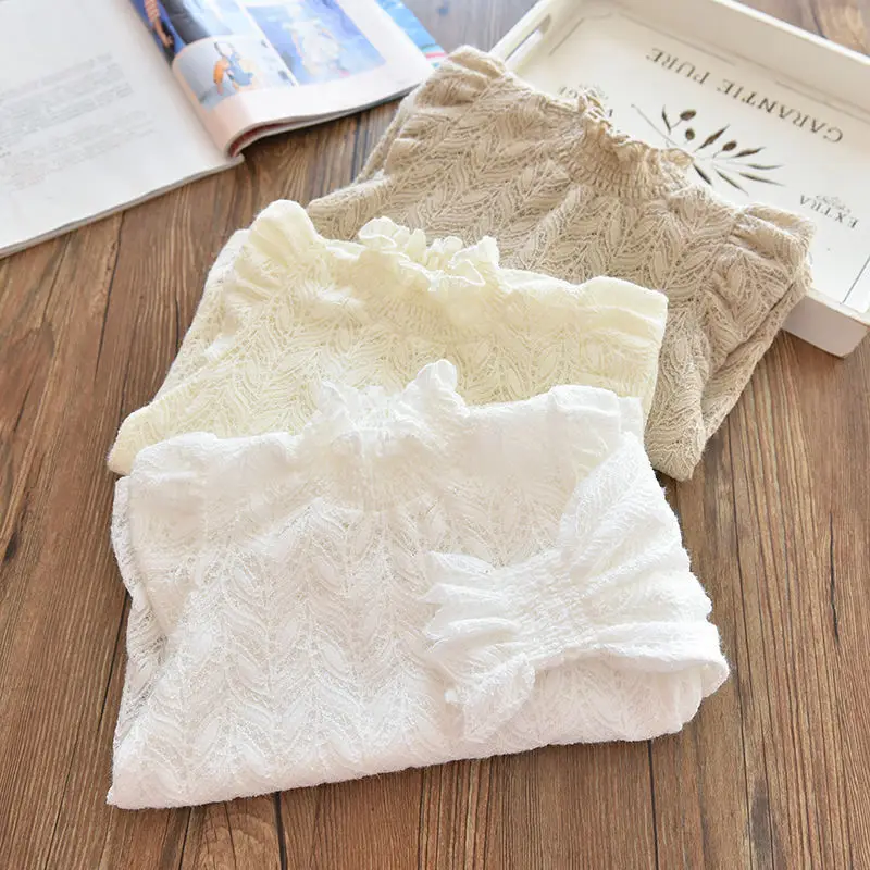 Spring Girls Lace Shirts White Long Sleeved Bottoming T-Shirt Kids High-Neck Punching Blouse Tops Children's Clothing Pullover