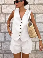 HH Women Elegant Solid Waistcoat Pant Sets Single Breasted V Neck Vest Top + High Waist Slim Shorts Lady Office Wear Suits - Image 3