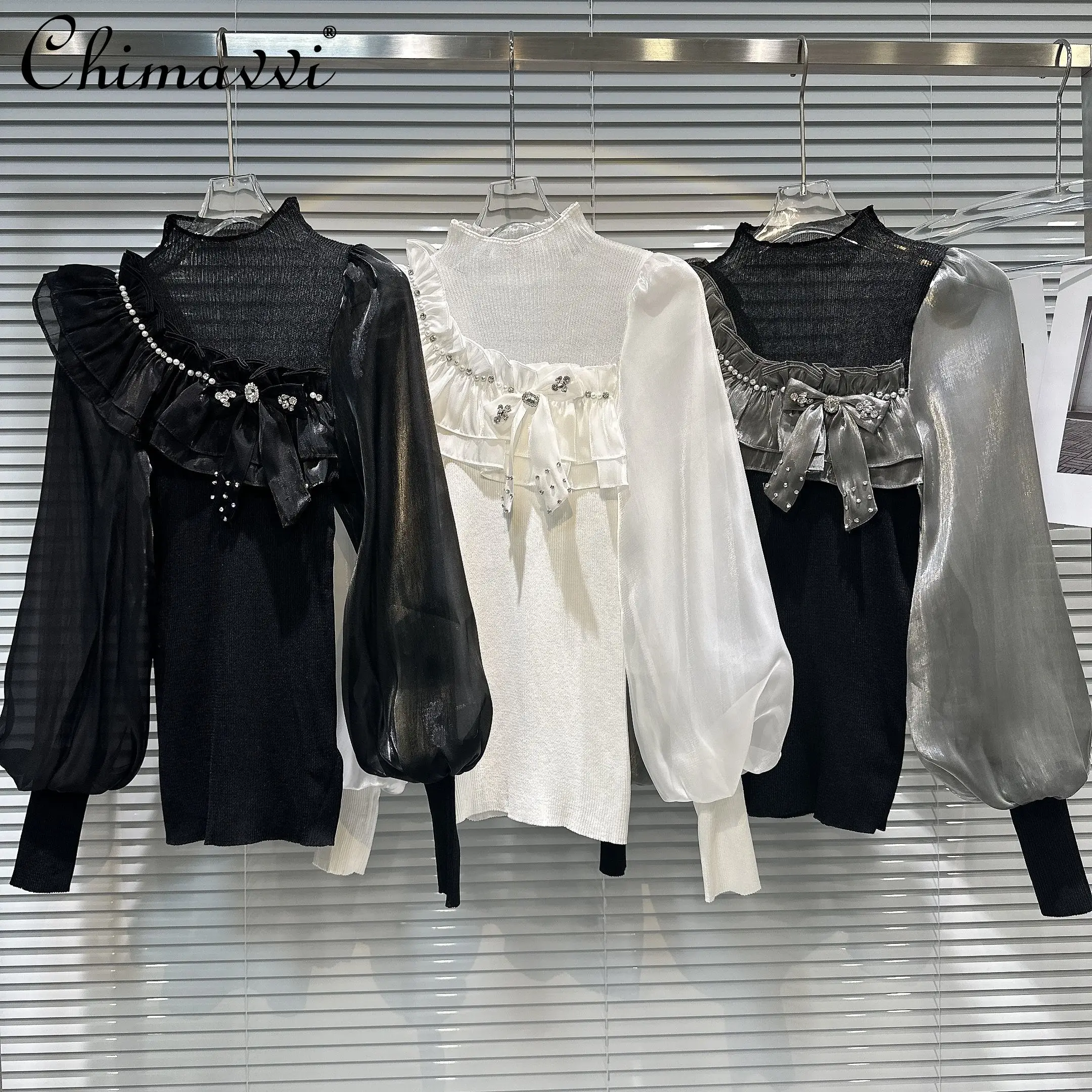 

Women's Knitted Coat 2023 Autumn New Fashion Rhinestone Tree Fungus Lacework Mesh Sleeves Pullover Elegant Women's T-shirt