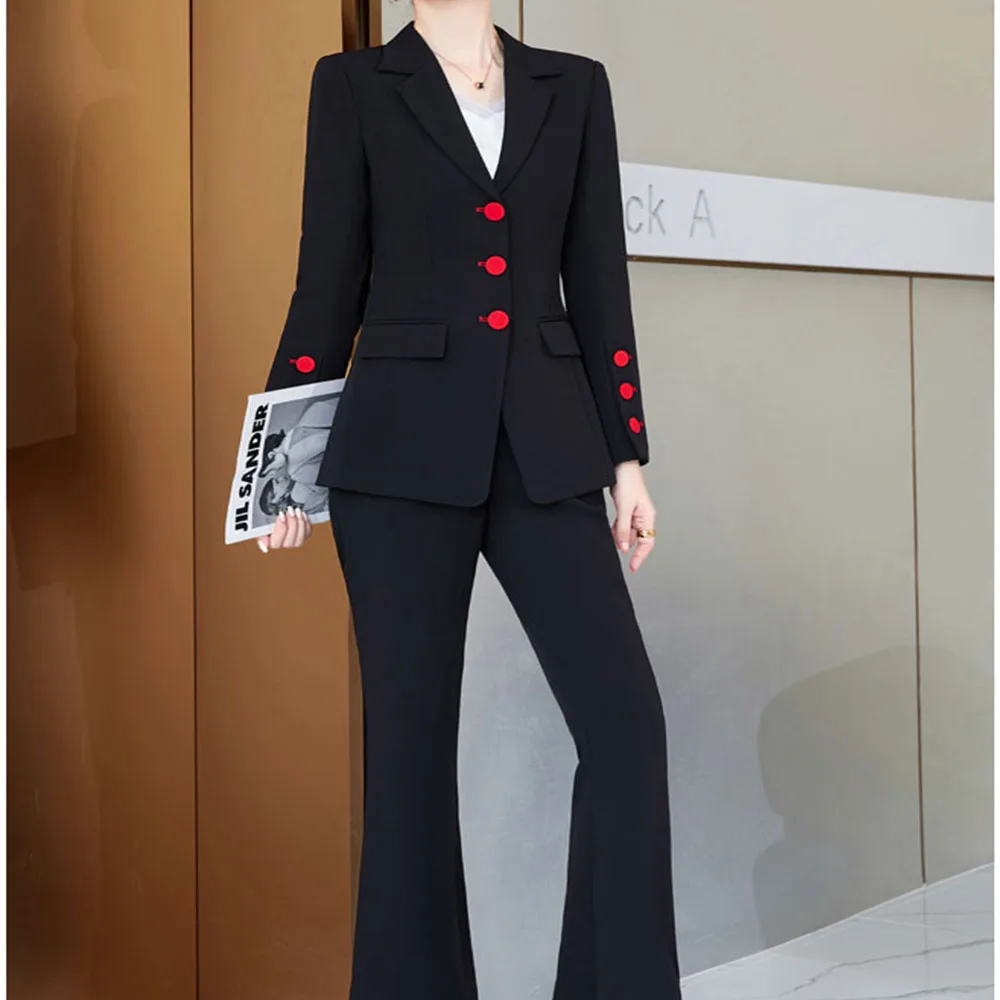 Tesco Solid Fashion Women's Suit Blazer Jacket And Flare Pants Red Button Design Formal Pant Sets For Office Lady Female 2 Piece