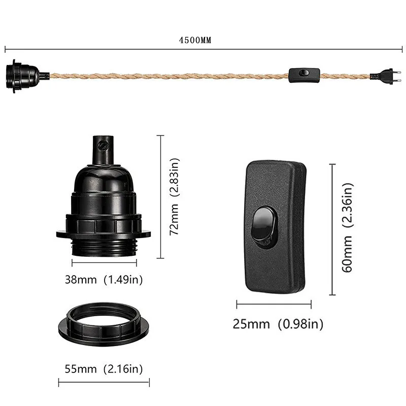 4.5M Vintage Style Hemp Rope Pendant Light Cord Kit EU US UK Plug Switch E26 E27 Lamp Holder for Simple Pendant Light Decoration