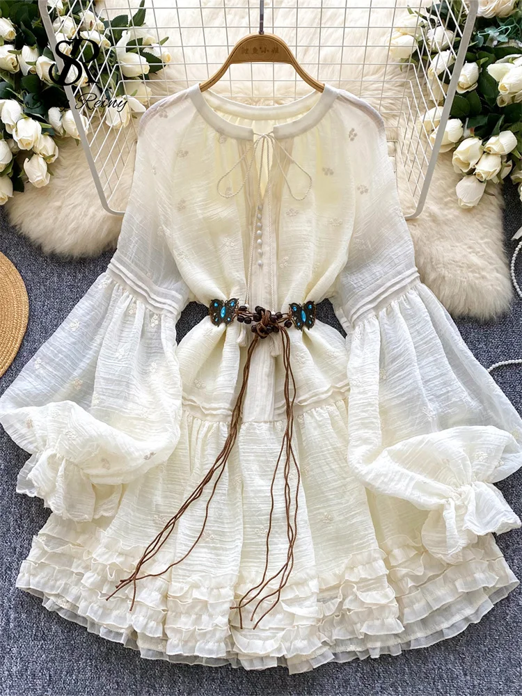 SINGREINY Summer Embroidery MIdi Dress Ladies Lantern Sleeves Ruffles Butterfly Sashes French Folds Vintage Holiday Sundress 1