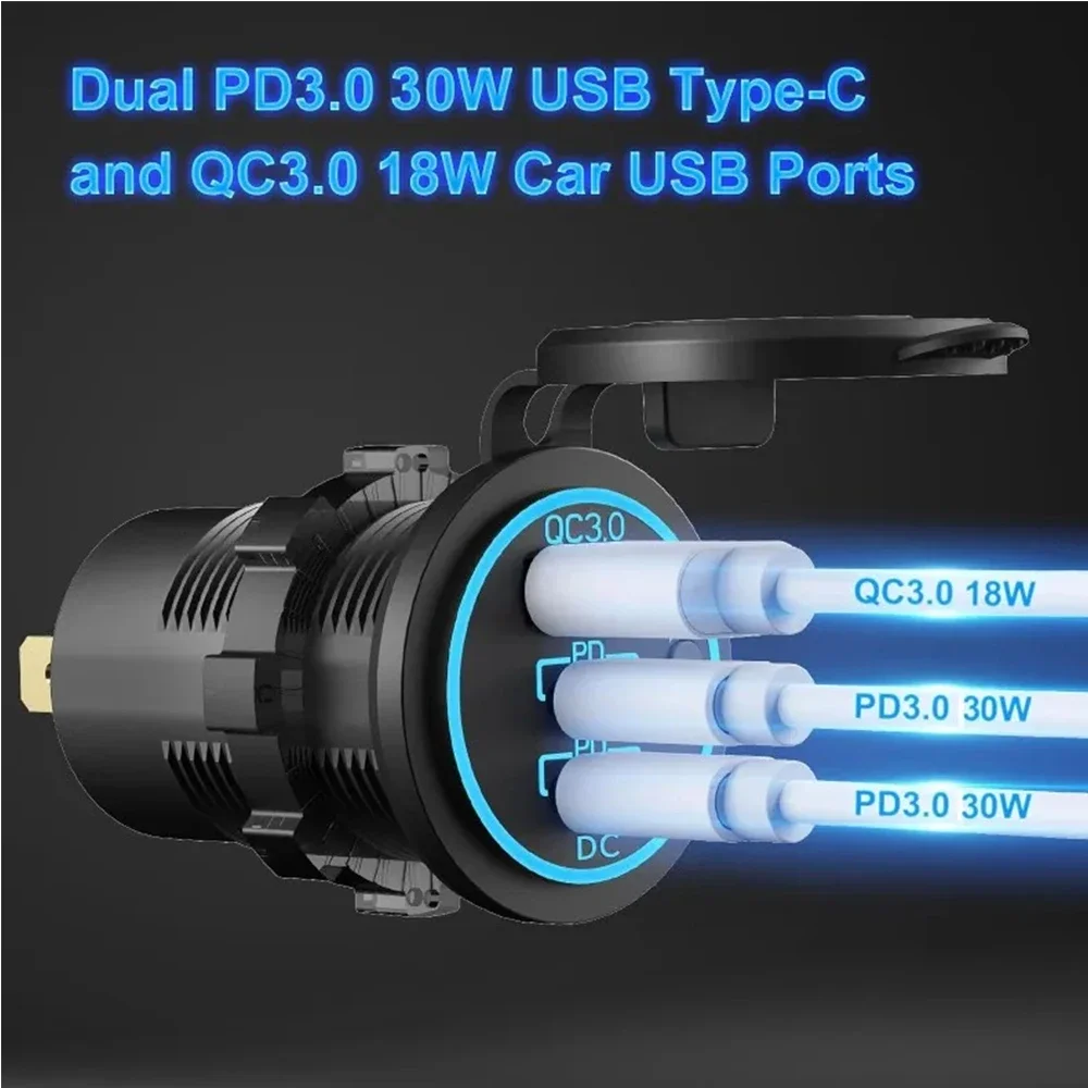 QC3.0 + PD 차량용 충전기 소켓, 이중 USB 포트, C타입, 3 포트 전원 어댑터, 스위치, 범용 방수, 78W