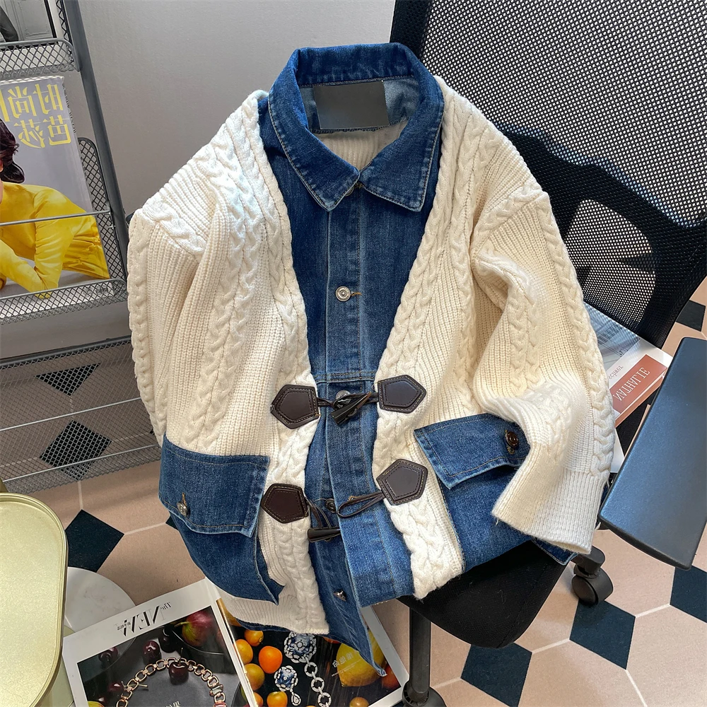 

Vintage Women Fake 2 Pieces Sweater Cardigan Loose Long Knitted Patchwork Winter Coats Fashion Female Knitwear