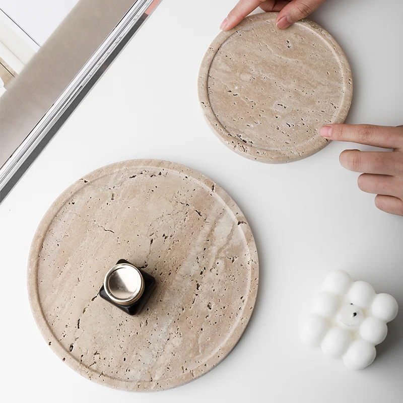 Minimalism Marble Tray for Perfume Candles Jewelry Travertine Stone Vanity Tray for Dresser Countertop Coffee Table Serving 2