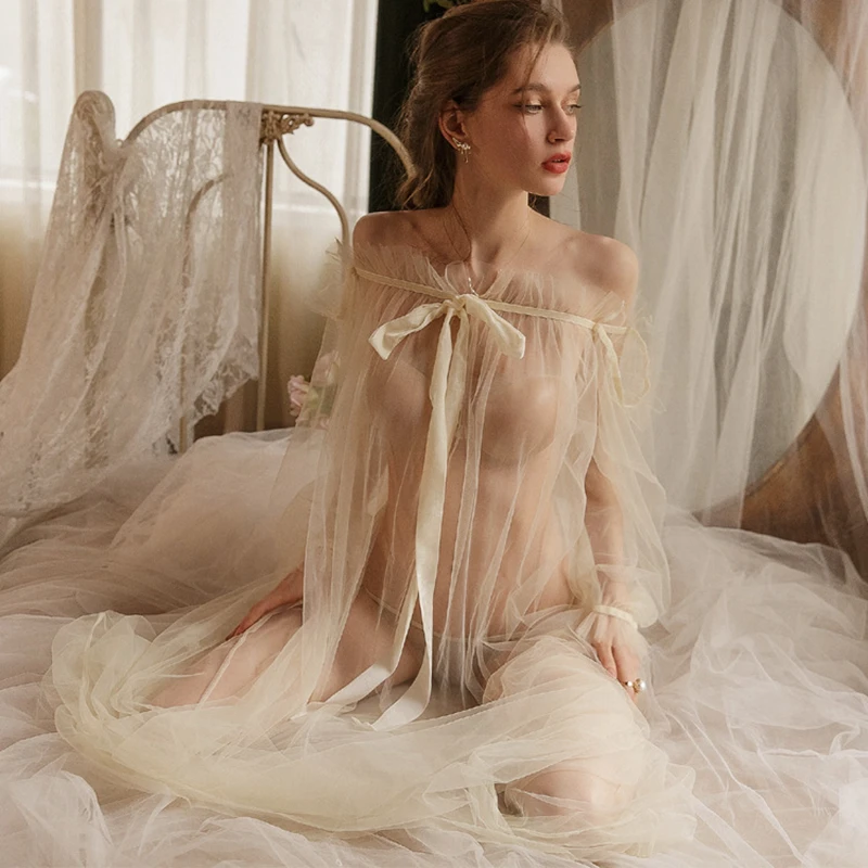 Long Sleeve Sleepwear See Through Long Nightgown Off The Shoulder Sex Nightwear Women Lace Sexy Nightdress Sheer