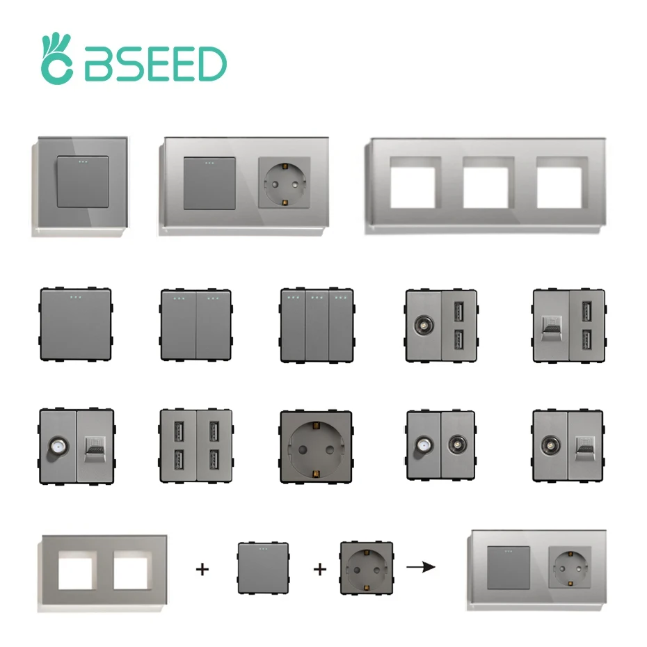Wall Light Switches Industrial Plugs Socket BSEED Light Switches Glass Panel Parts White USB Wall Sockets Function Parts DIY EU CAT5 TV Sockets Power Outlet Gray