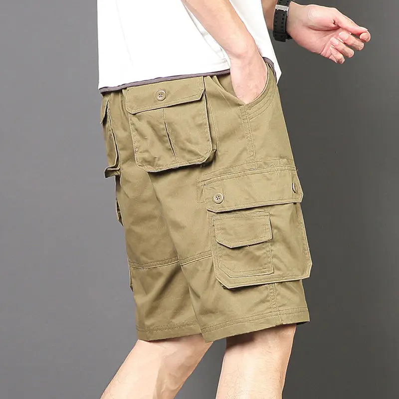thumbnail image 1 of Pantalones cortos cargo negros largos para hombre, pantalones cortos verdes por encima de la rodilla para hombre, pantalones cortos desgastados con bolsillo frontal ancho y cintura elástica para hombr, 1 of 5