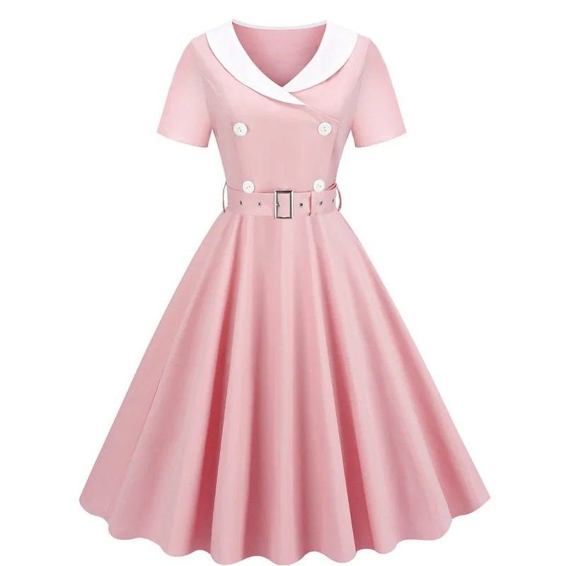 

Женское приталенное платье средней длины, розовое, синее, черное платье в стиле ретро, на пуговицах, с коротким рукавом и V-образным вырезом, облегающее ТРАПЕЦИЕВИДНОЕ летнее винтажное платье в стиле 50-60-х годов