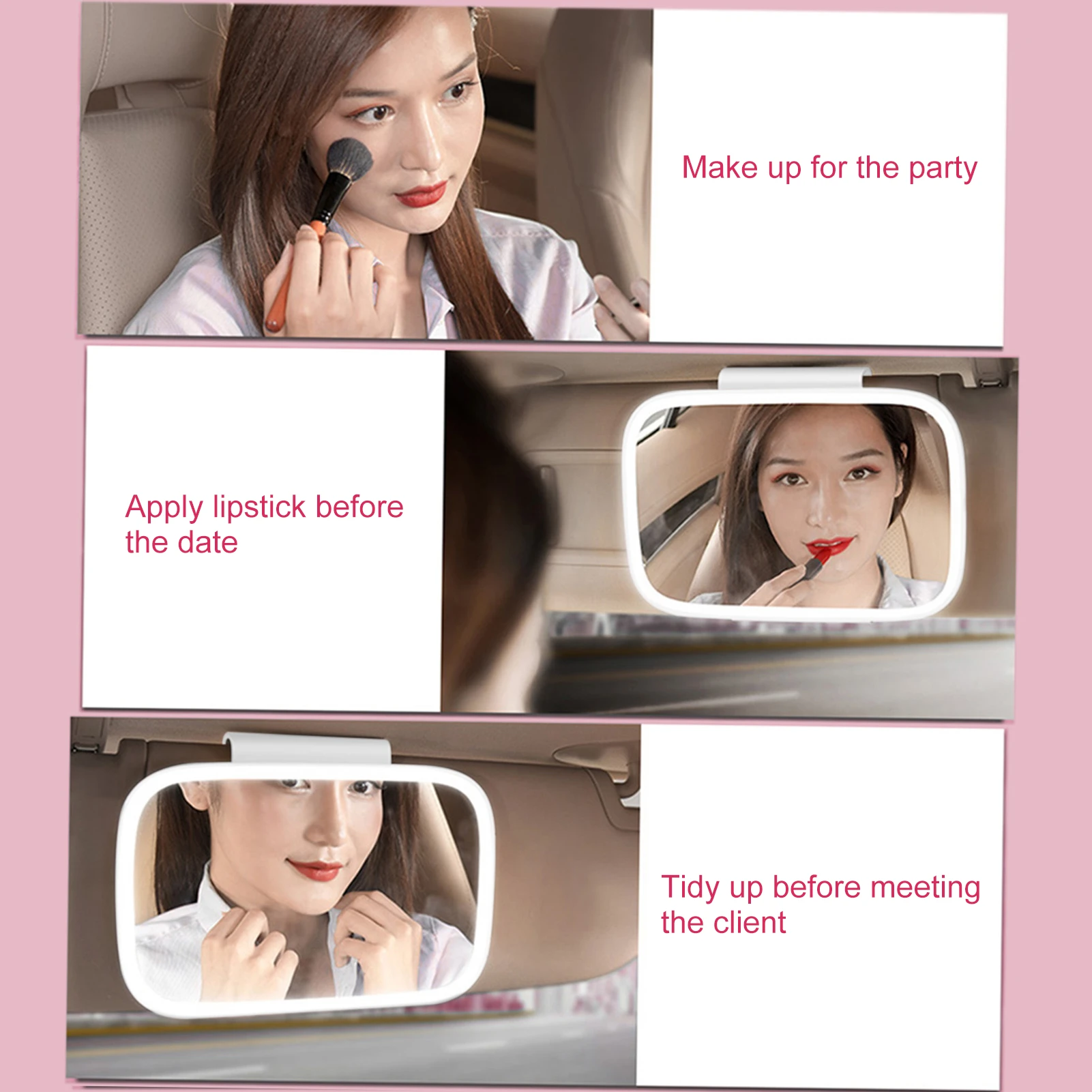 Car Sun Visor Vanity Mirror, Rechargeable Makeup Mirror with LED Lights, Dimmable Clip-on Rear View Sun-Shading Cosmetic Mirror