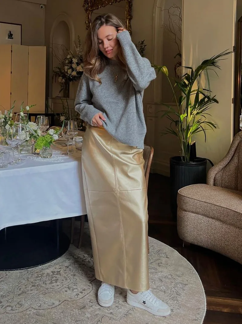 Slit PU Skirts For Women 2025 Spring New Slim Y2K Sheath Skirt Femme Street Solid Casual Fashion Elegant Skirts Womens