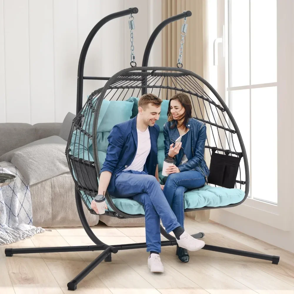 New Double Rattan Swing Egg Chair with Side Pockets, Foldable Hanging Egg Chair with Stand