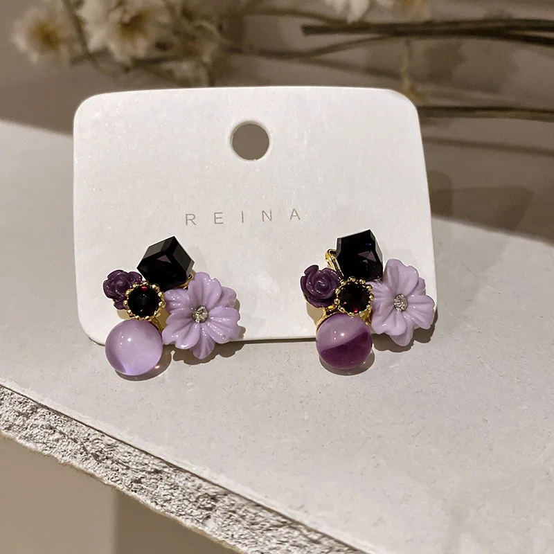 

Noble Purple Crystal Flower Stud Earrings For Woman 2022 Korean Fashion Jewelry Wedding Party Girl's Elegance Set Accessories