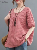 ZANZEA Summer Vintage Women Casual Loose Shirt Baggy Plaid Checked Tops Tunic Fashion O Neck Short Sleeve Blouse Blusas Chemise - Image 3