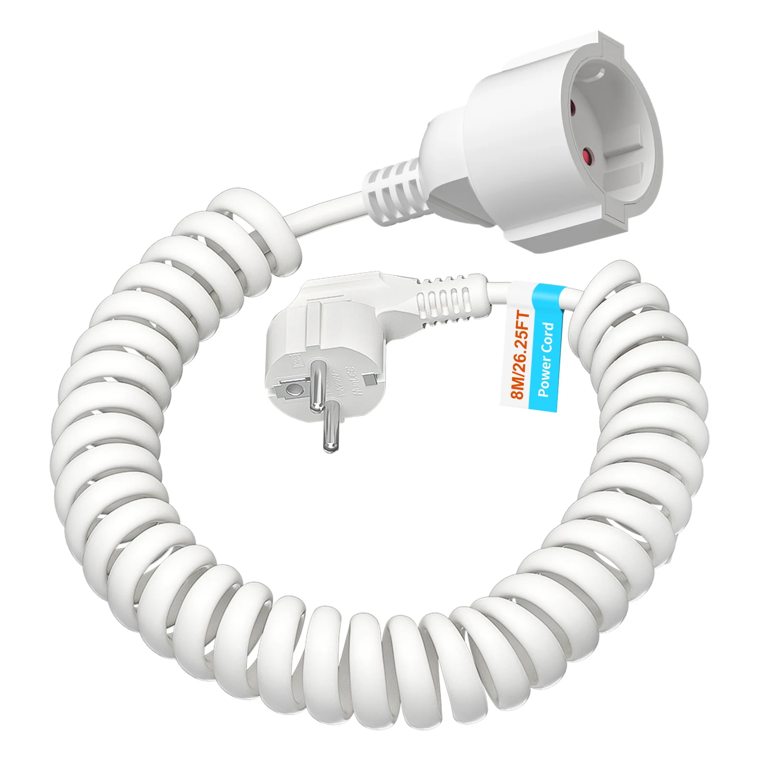 Telescopic PVC Spring Extension Cable, EU 2-Pin Plug to Socket, Black 13A 220V-250V