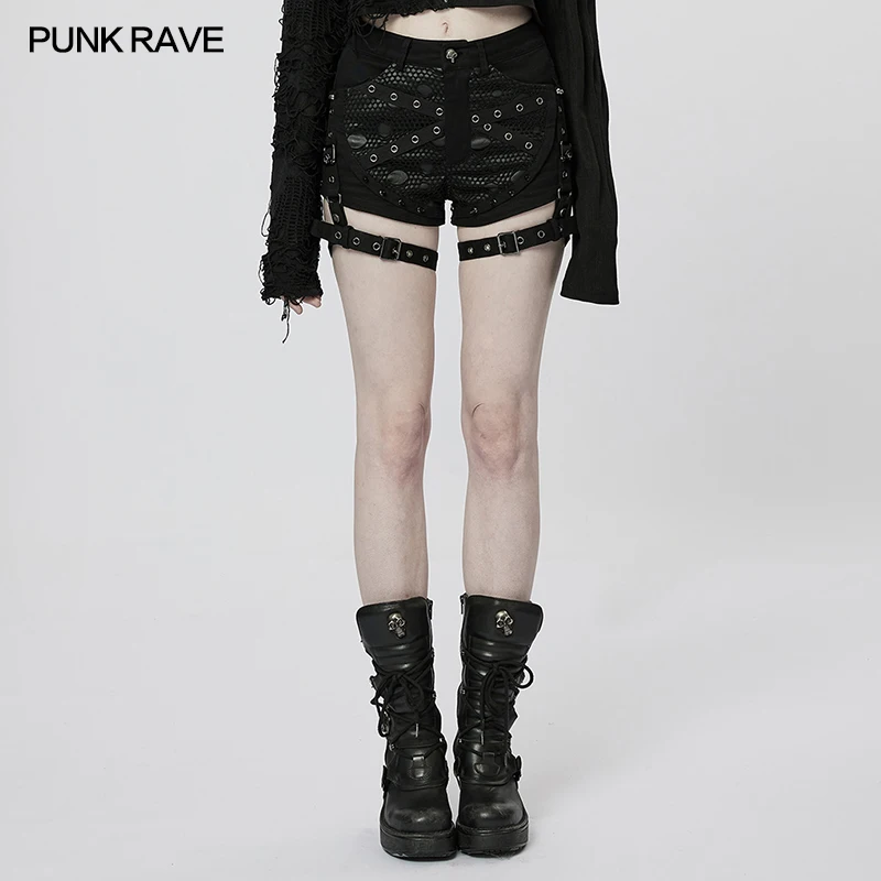 

PUNK RAVE Women's Punk Decayed Mesh Tight Shorts Adjustable Leg Loop Is Detachable Handsome Cool Sexy Black Skinny Shorts