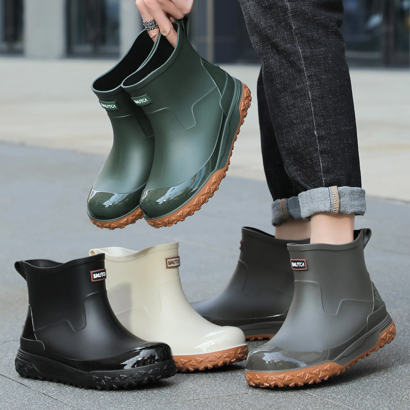 Bottes pluie courtes mode hommes pêche - Chaussures caoutchouc légères cuisine travail étanches anti-dérapantes