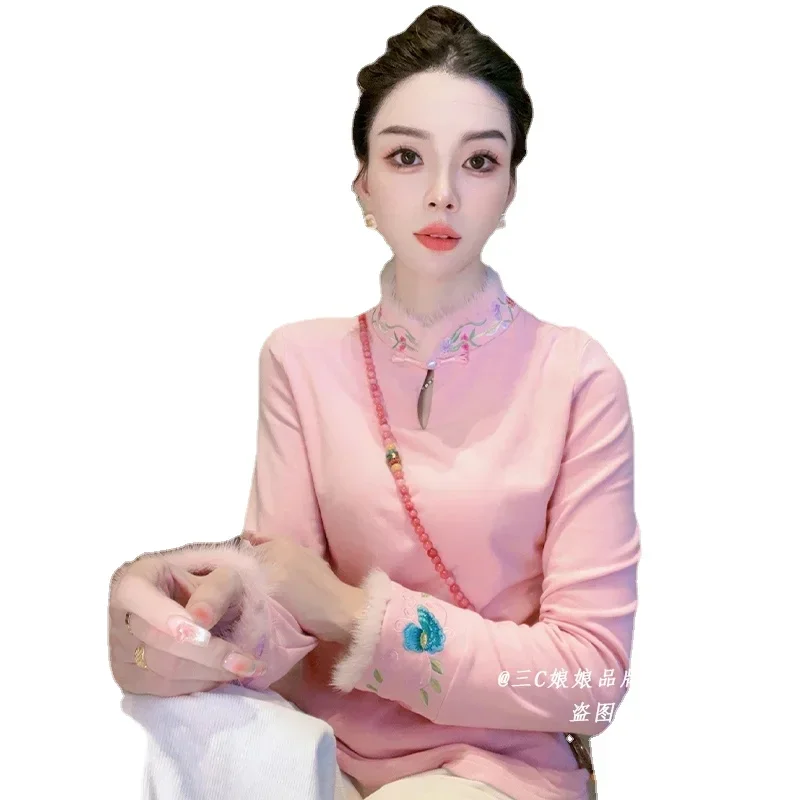 

Embroidered T shirt Fashion Top 2024 Winter Spring Luxury Laydown Versatile T-shirt Slim traditional chinese clothing women