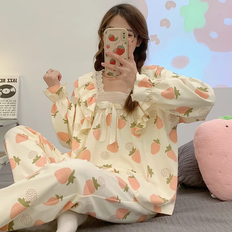 

Women's Sleepwear Set Cute Print Long Set Pajamas for Women Cotton Pajama Set Sweet Long Sleeve Top & Spring Pijamas Suit