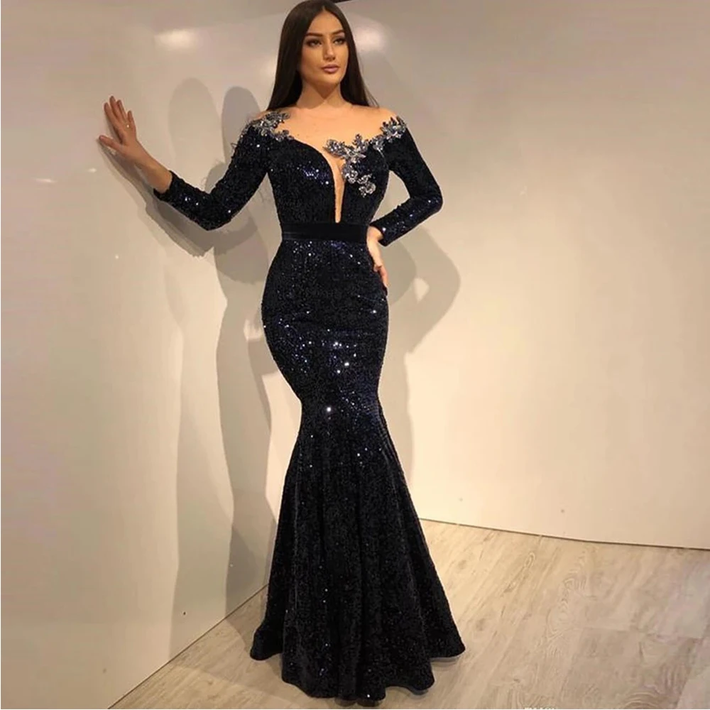

Sexy Shiny Sequined Long Mermaid Evening Dresses 2023 Women Formal Party Night Navy Blue Vestidos De Noiva Robe De Soiree فساتين