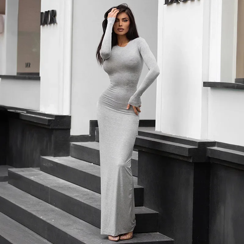 

Casual Women Solid Color O Neck Long Sleeve Vestidos Sexy Mermaid Dress 2023 Autumn Winter Elegant Party Bodycon Long Dresses