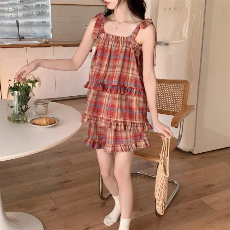 Ins Camis Pajamas Women Summer Red Plaid Ruffles Sleeveless Loose Preppy Home Nightwear Korean Sweet Vintage Female Pjs Thin