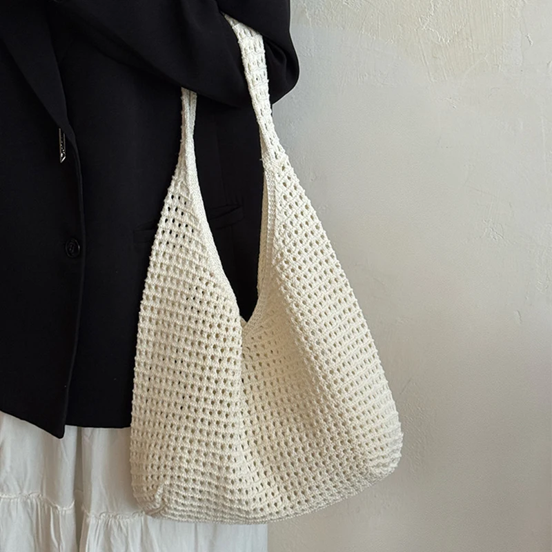 Crochet Shoulder Bag Leisure Beach Hollow Handbag Solid Color Vacation Woven Totes Bag Summer