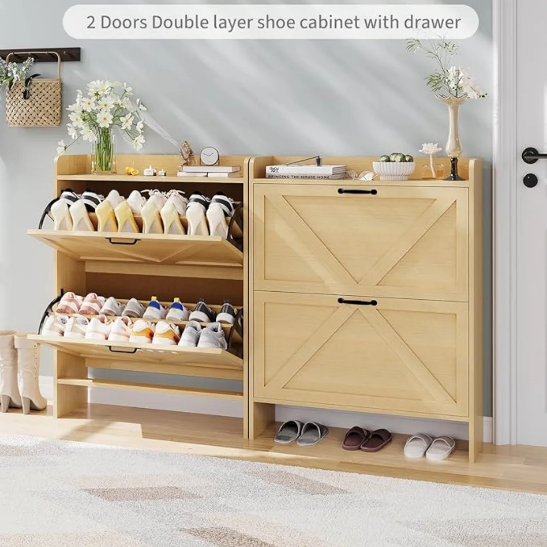 Schuhschrank mit 2 Klappschubladen, freistehender Schuh-Organizer mit Beinen für den Eingangsbereich, schlanke Schuhaufbewahrung im Bauernhaus – Detail 7