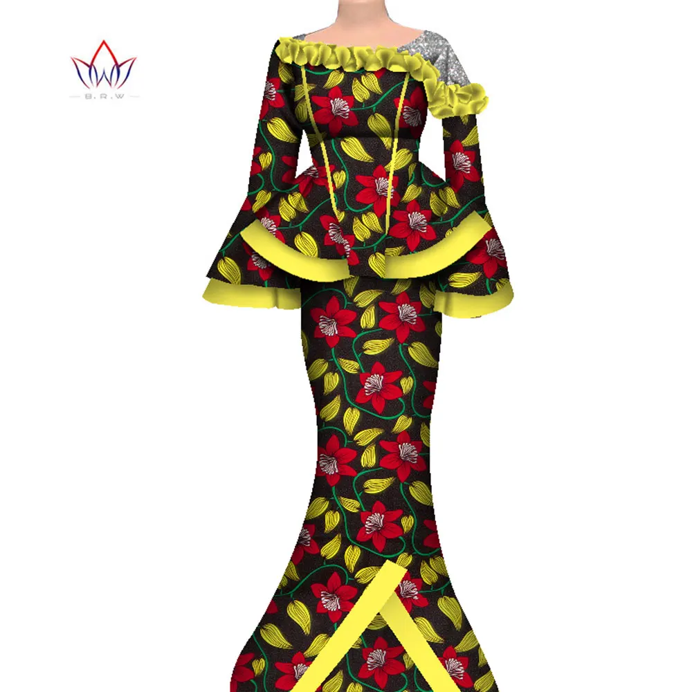 African Clothes Women Suit Flared Sleeve Long Dashiki Party Gowns Robes 2 Piece Sets Top and Skirts 2021 Africaine Femme WY060