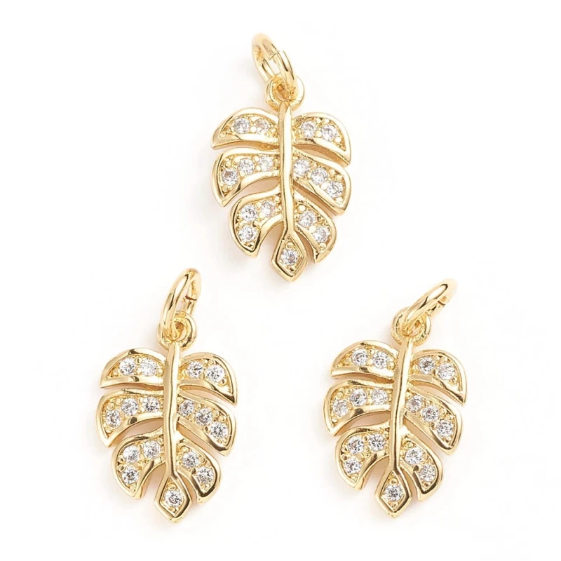 

10pcs Brass Micro Pave Cubic Zirconia Pendants Tropical Leaf Charms Monstera Leaf for Jewelry Making DIY Earring 14.5x9.5x2mm