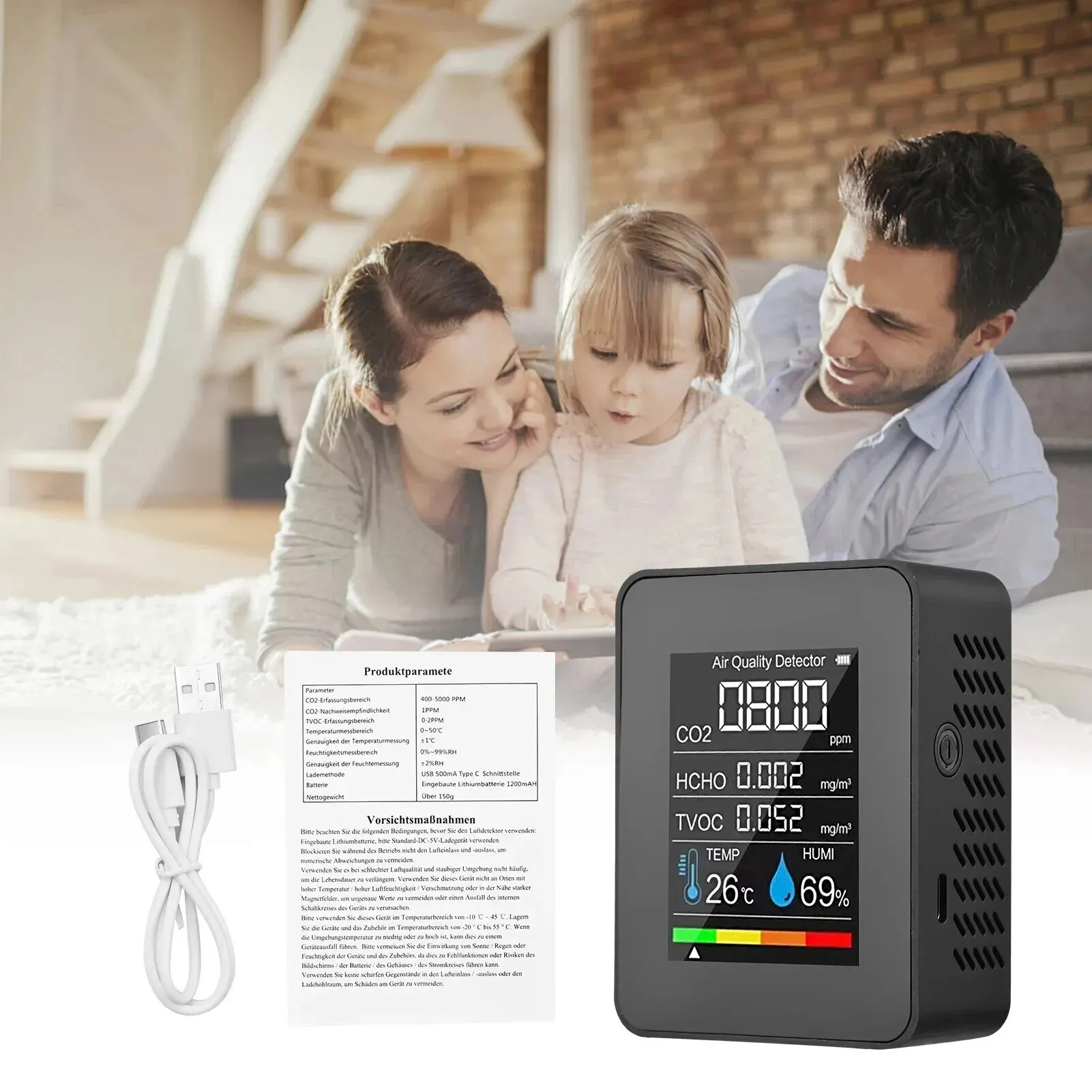 HOMEFISH 5in1 Temperature Humidity Tester CO2 Meter Digital  Carbon Dioxide TVOC HCHO Detector Air Quality Monitor