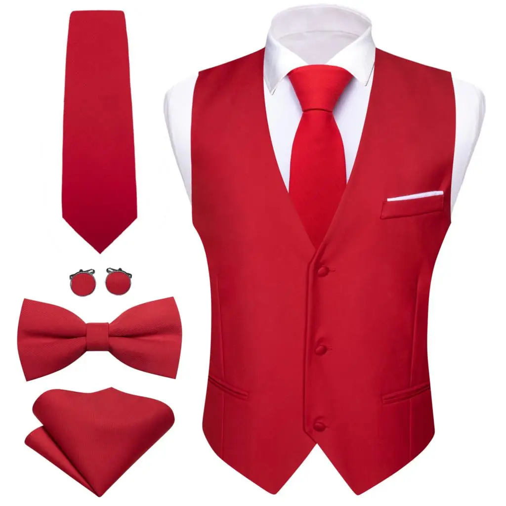 LuxuryRedSolidVestforMenSilkSatinWaistcoatBowtieTieHankySet