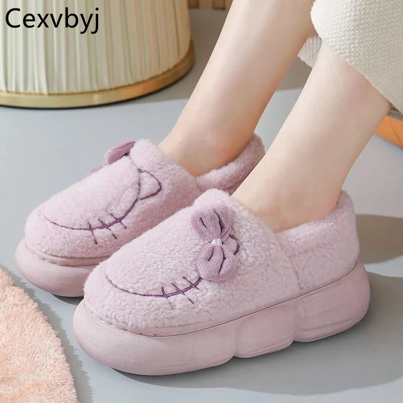 

Winter Furry Women's Slippers Fashion Bow Tie Home Indoor Casual Cotton Shoes Platform Plush Warm Non-Slip Zapatos Mujer