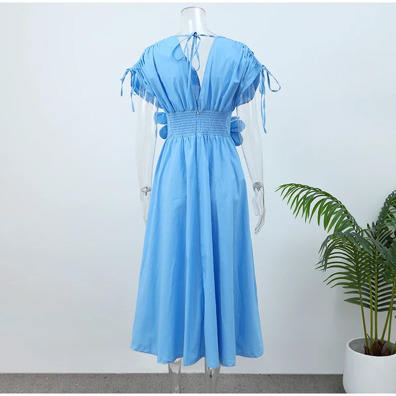 Women Elegant Flower Solid Pleated Long Dress Chic V Neck Short Sleeved Drawstring Lace Up Robes Summer Lady High Street Wear