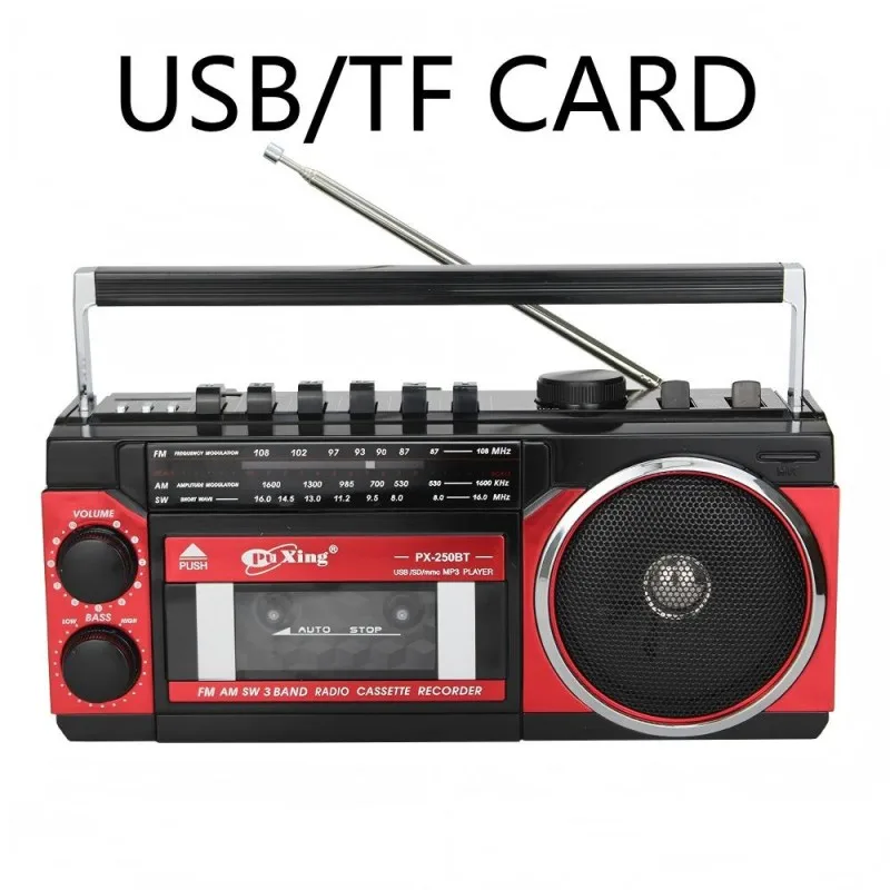 PX-250BT 휴대용 블루투스 스피커 (TF 카드, USB 지원) 257*98*120MM 라디오/녹음 기능 FM/AM/SW 3밴드 라디오 수신 카세트 테이프 재생