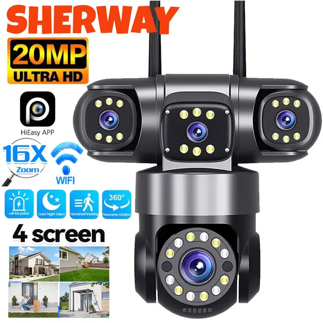 Caméra WiFi extérieure de sécurité domestique 10K 20MP, 4 objectifs, 4 écrans 360 °   Protection de sécurité de caméra PTZ de surveillance sans fil CCTV à zoom 16X 1