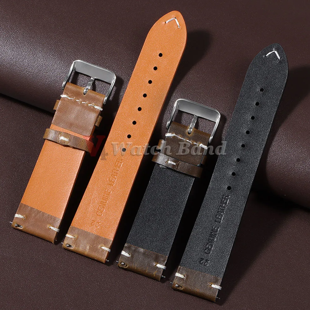Vintage Brown Oil Wax Leather Watchband with Universal Stitching