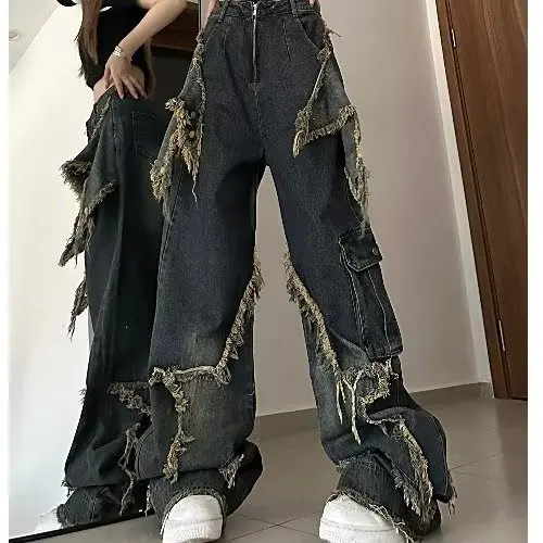 

Vintage Women High Waist Jeans Streetwear Ripped Female Wide Leg Pant American Style Casual Tassel Straight Denim Trousers