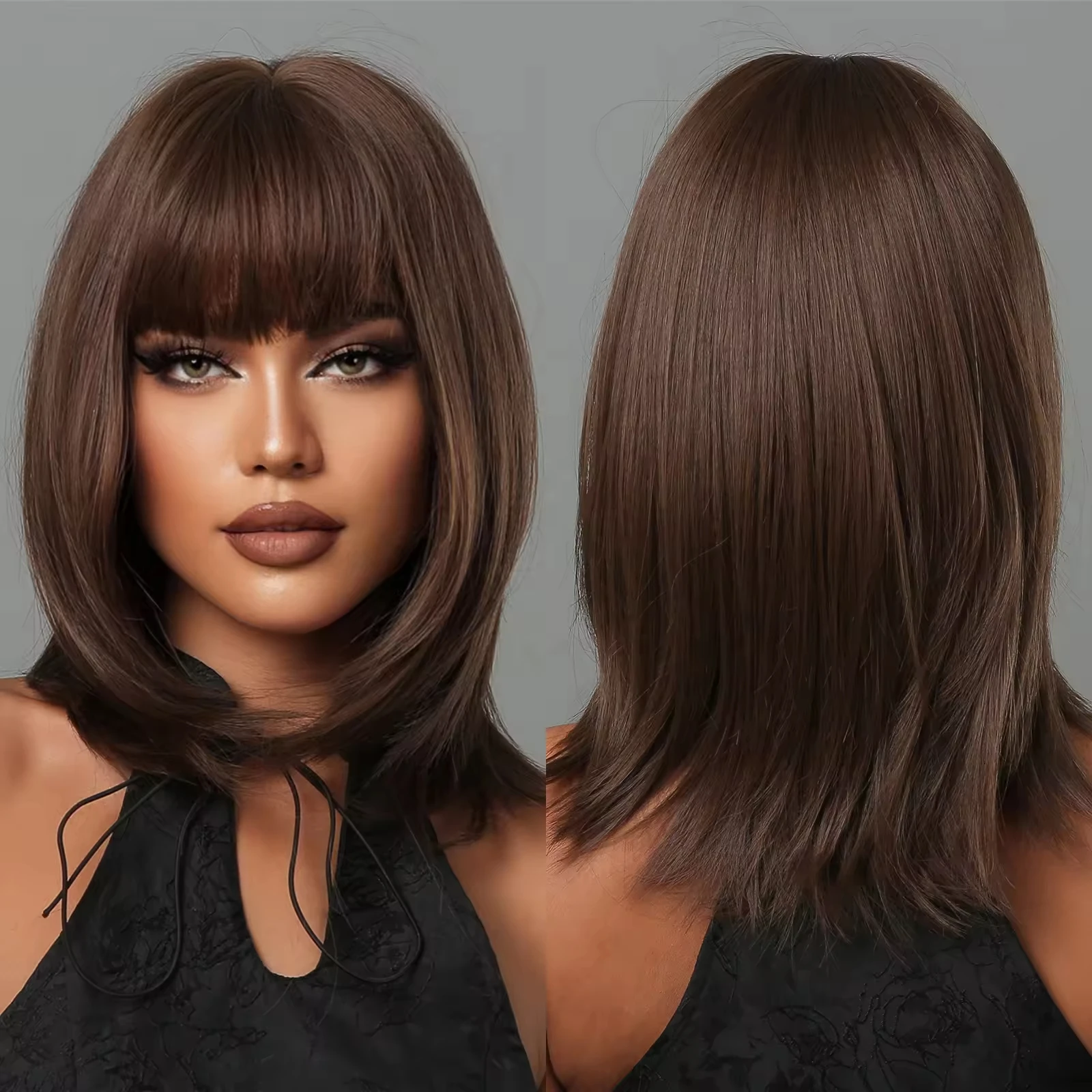 Perruque Femme Brun Foncé - Cheveux Ondulés Synthétique - Frange - Taille Moyenne - Neuf Avec Étiquettes