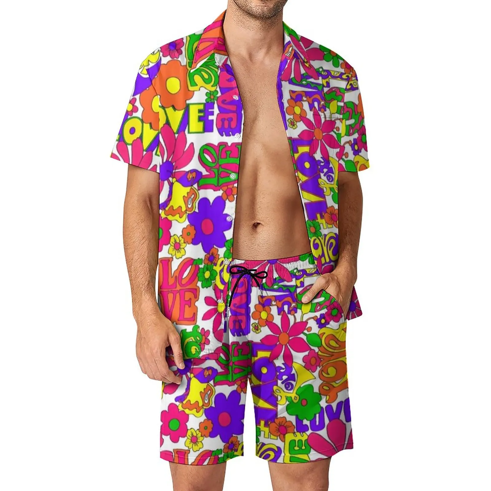 Flower Power Peace Men Sets Retro Hippy 70s Casual Shirt Set Trendy Beach Shorts Summer Graphic Suit 2 Piece Clothing Plus Size 3