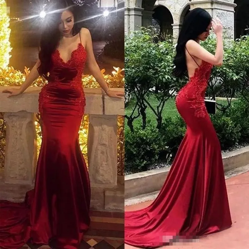 

Dark Red Mermaid Prom Dresses 2022 Spaghetti Backless Appliques Long Evening Party Gowns Abendkleider Vestidos Robes De Soirée