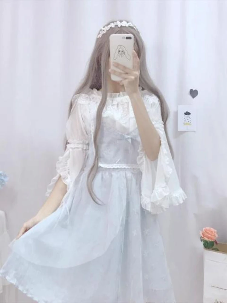 KOSAHIKI 여성용 레이스 셔츠 로리타 블라우스, 스플릿 플레어 슬리브 2025, 일본 쉬폰 블라우스, 귀여운 프레피 스타일 코스프레 상의