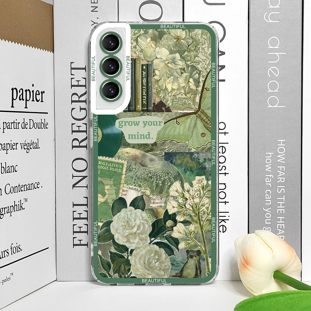 Cool Green Retro Flower Stickers Soft TPU Clear Phone Case Cover