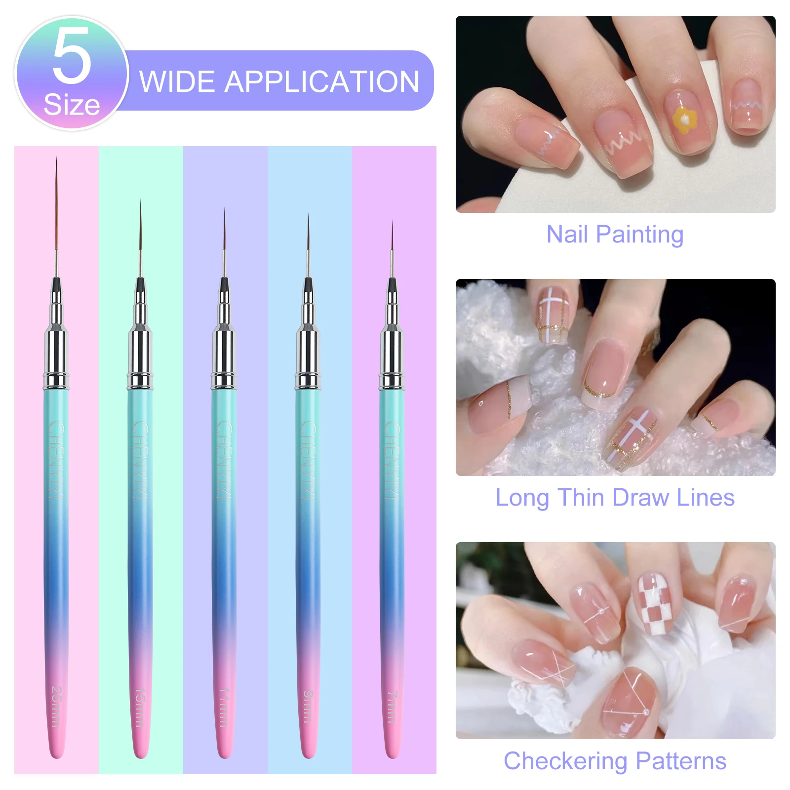 Nail Art Liner Brushes, 5Pcs Painting Nail Art Brush Set Nail Dotting Drawing Tool for Long Lines, Thin Details, Fine Drawing 2