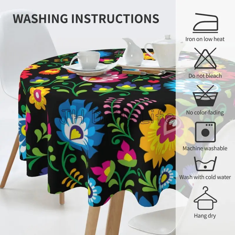 Poland Polish Floral Folk Art Print Round Tablecloth 60 Inch Table Cover Decor Table Clothes for Dining Party Decoration