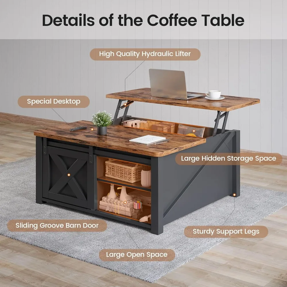 31.5" Lift Top Coffee Table with Storage, Square Coffee Table for Living Room, Farmhouse Coffee Table with Large Hidden 3