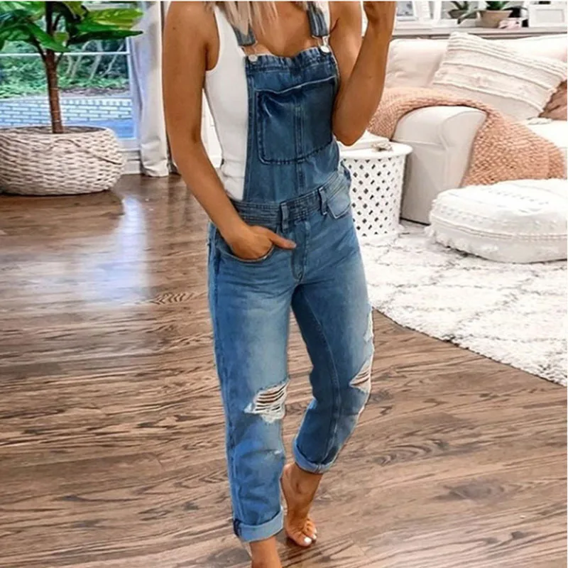 

Women's Long Overalls Pants Solid Color Ripped Suspenders Denim Trousers With Pockets Ladies Casual Straight Long Jean Pants